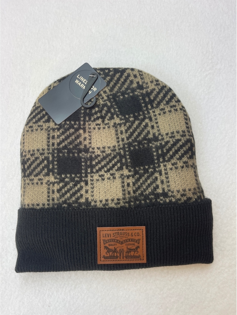 Levi's Lined Plaid Beanie Hat with Faux Fur Interior